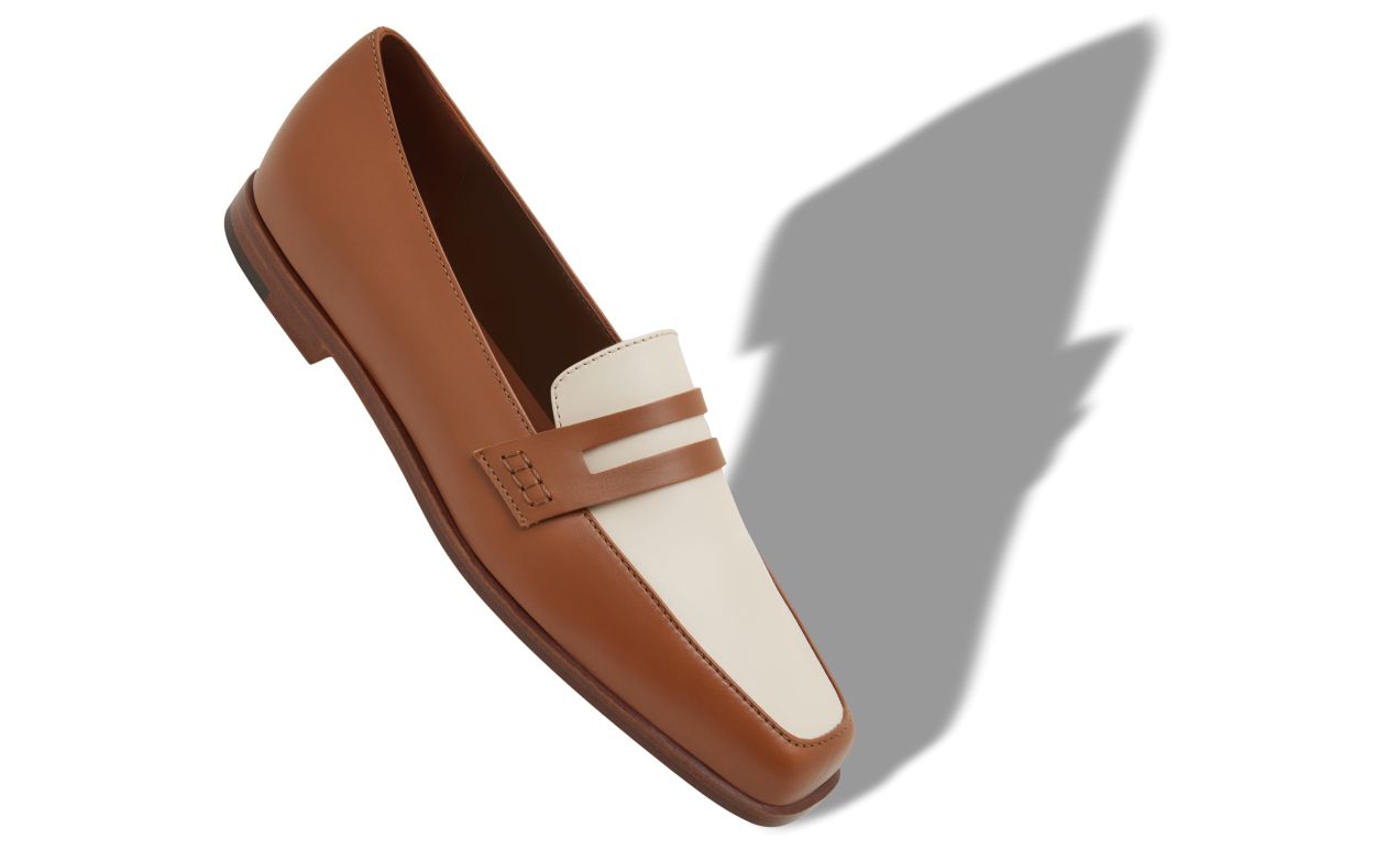 Mocassins en cuir de veau brun et crème