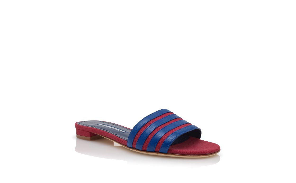 Mules plates en lin rouge et bleu