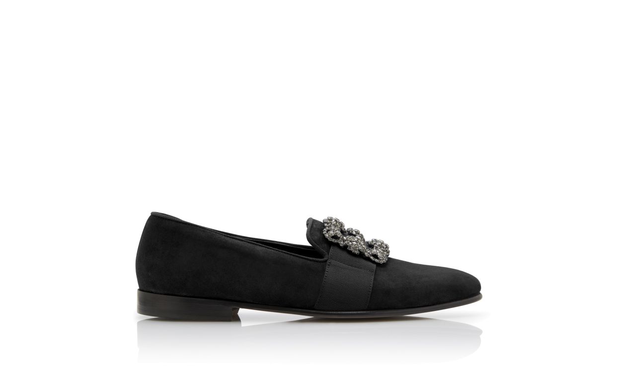 Mocassins en daim noir à boucle incrustée de pierres