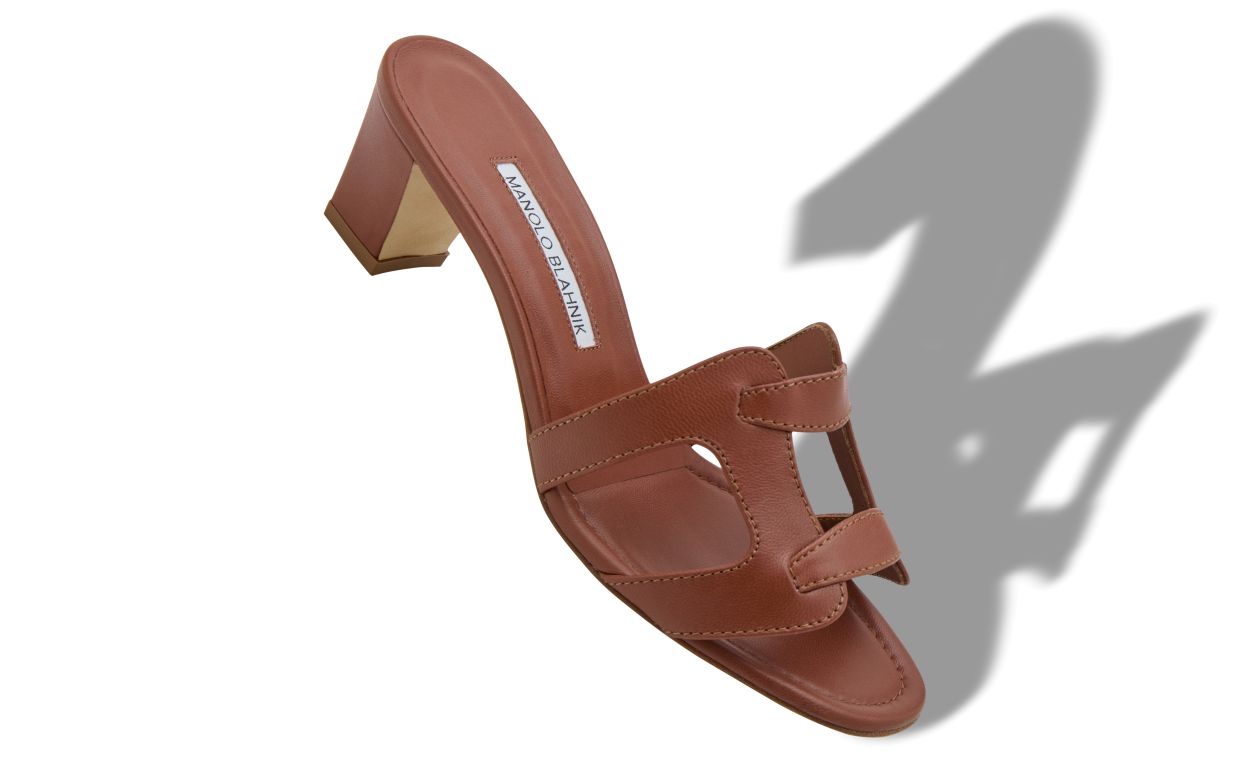 Mules à talon ouvert en cuir nappa brun