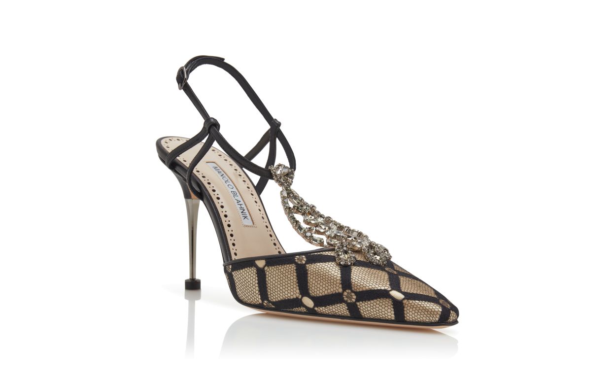Escarpins à brides T en maille beige clair et noir
