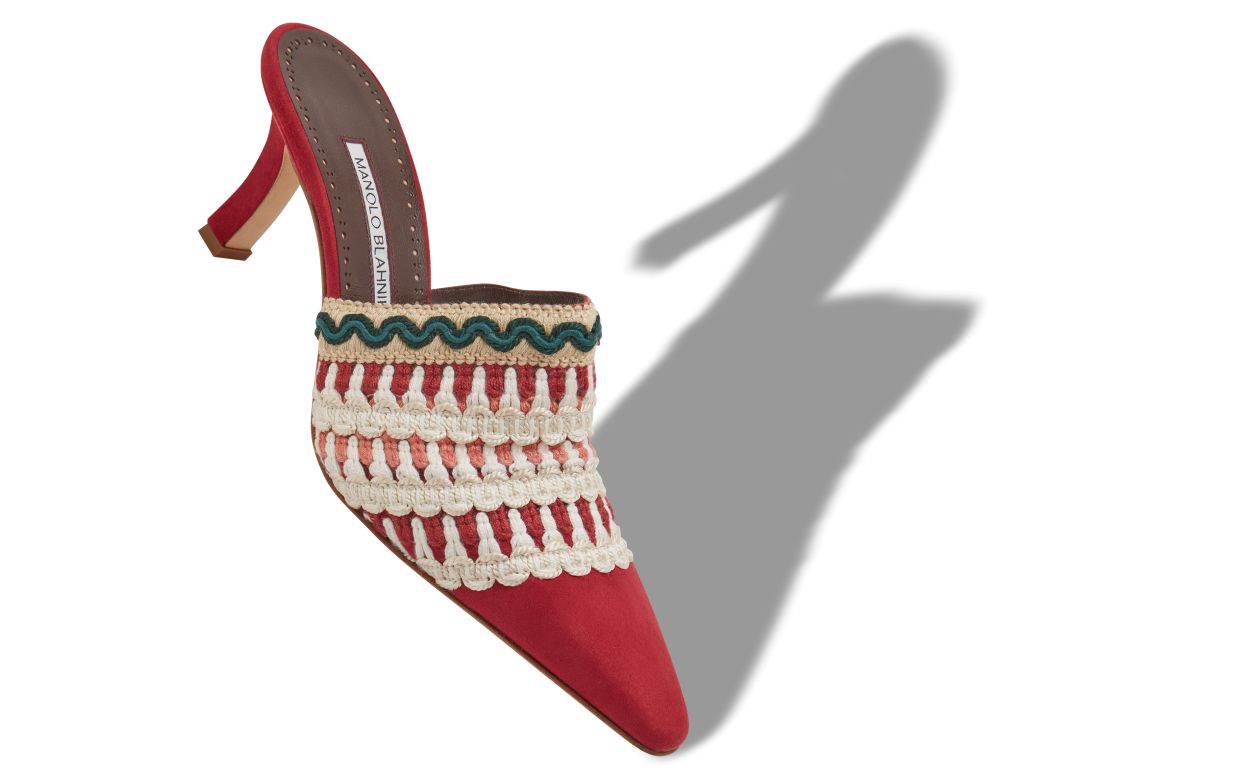 Mules en daim rouge avec détails tricotés