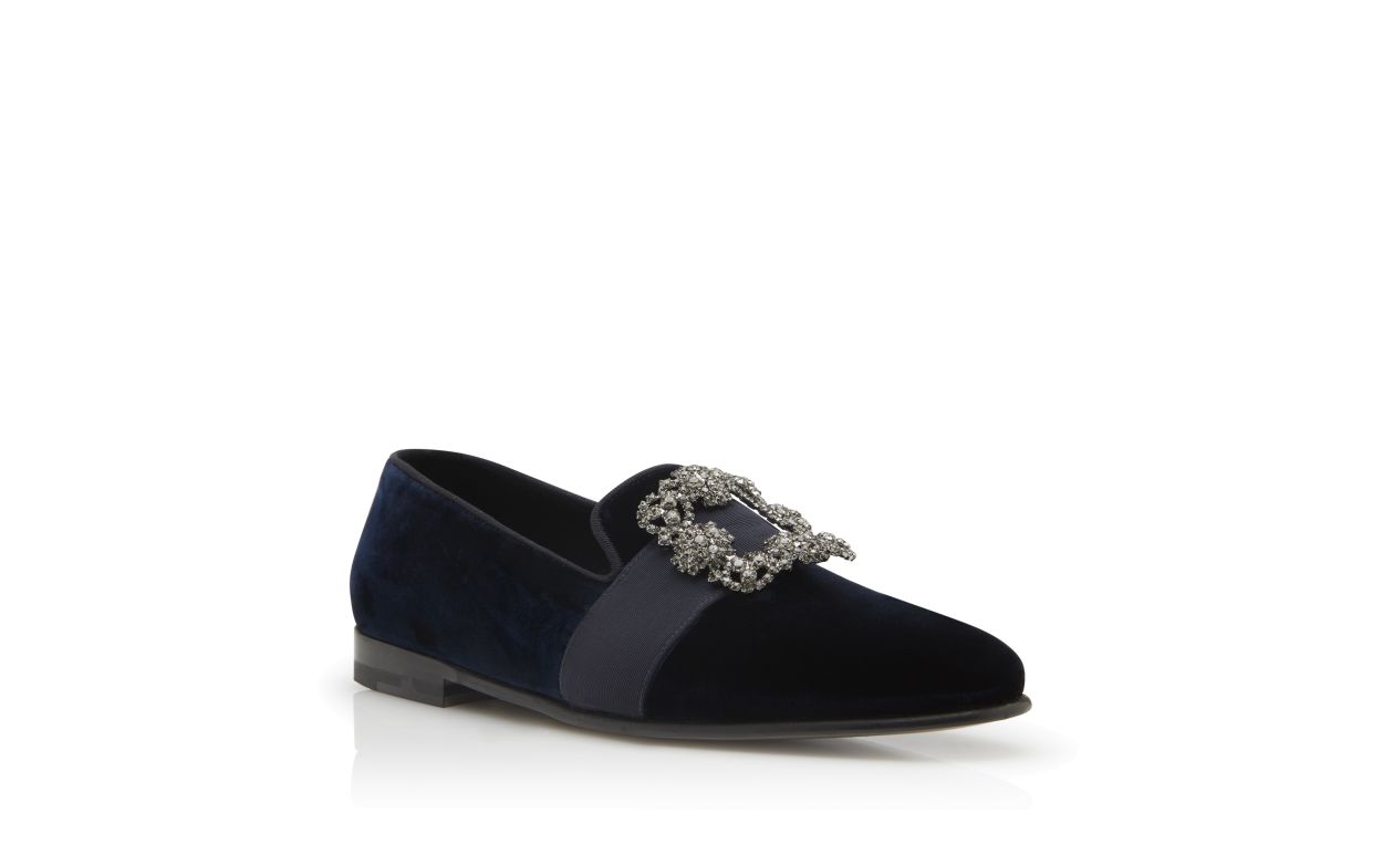 Mocassins à boucle incrustée en velours bleu marine
