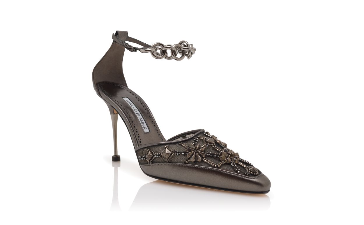Pompes à talon aiguille à brides cheville ornées de bijoux en cuir nappa graphite