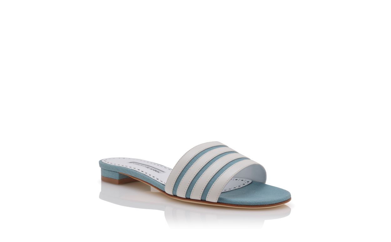 Mules plates en lin bleu clair et blanc