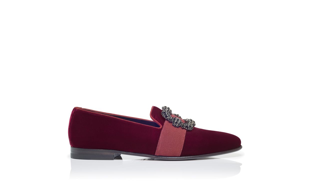Mocassins à boucle bijou en velours rouge foncé