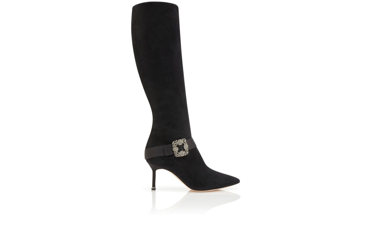 Bottes hautes genou en daim noir avec boucle bijou