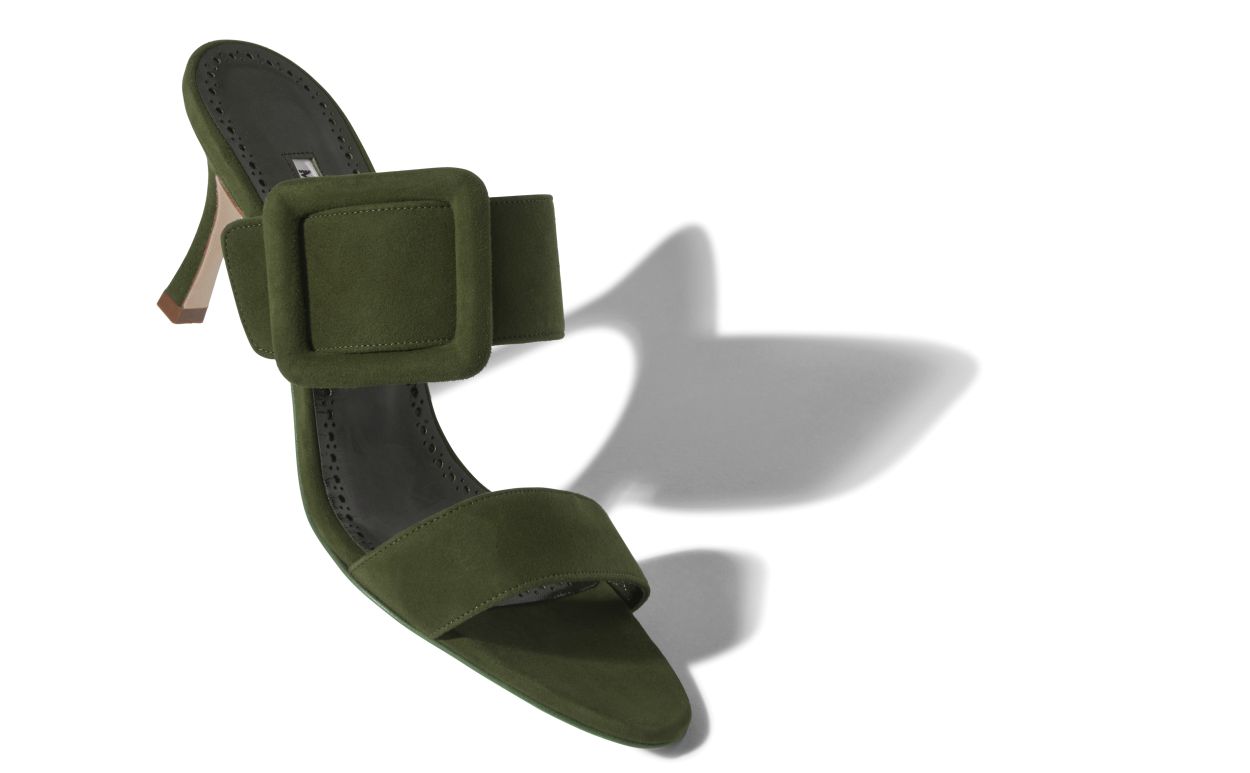 Mules à bout ouvert en daim vert kaki foncé
