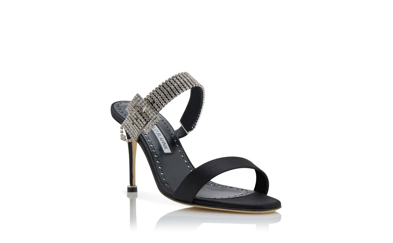 Mules à brides en satin noir ornées de cristaux